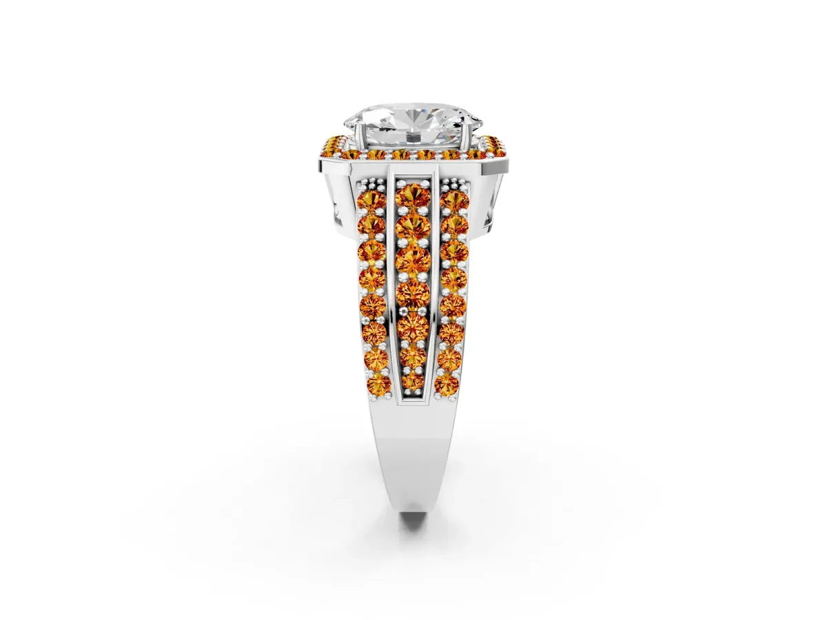 Oval Cut Halo Diamond Ring with Round Citrine Split Shank and Prong Setting Silver