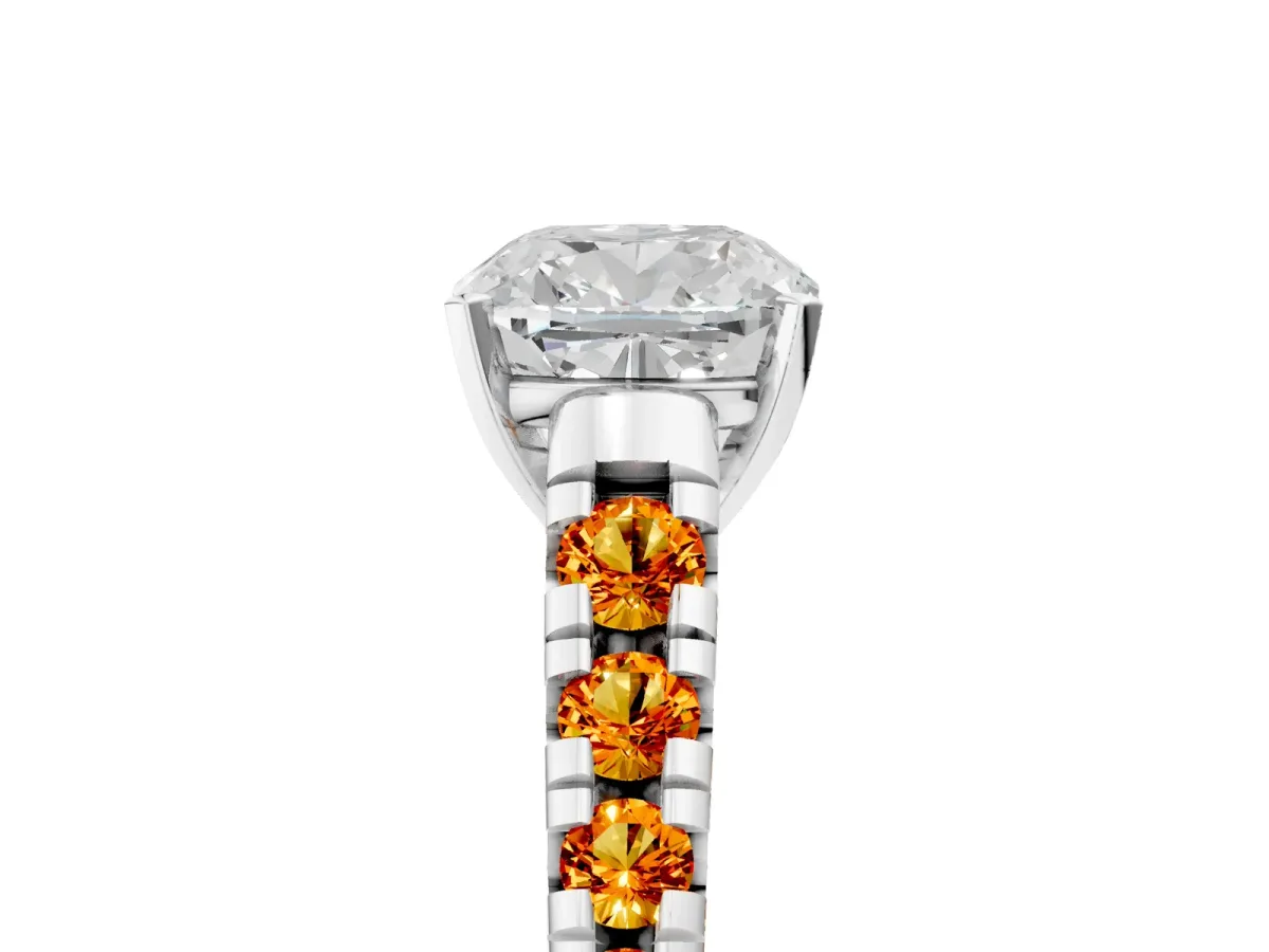 Cushion Cut Diamond Cathedral Solitaire Ring with Round Citrine Pavé Band Silver