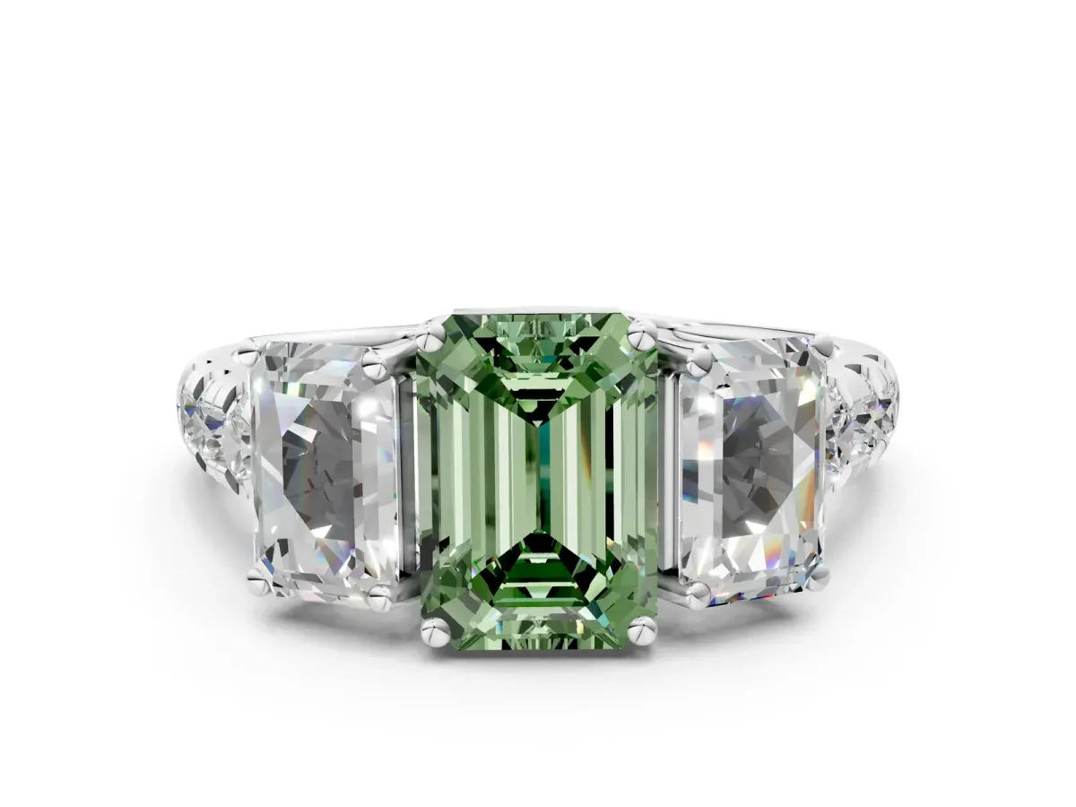 Fancy Green Three-Stone Emerald Cut Diamond Pavé Band with Prong Setting Platinum