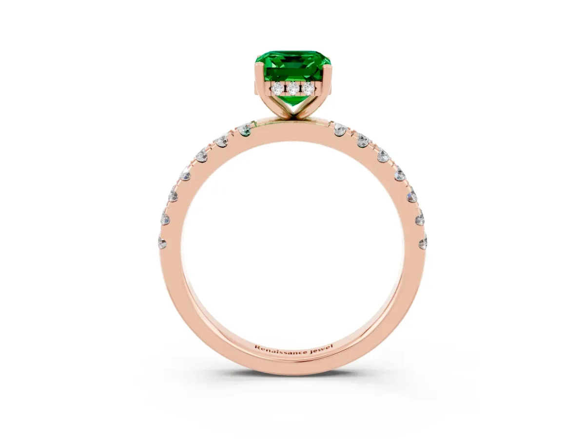 Emerald Cut Emerald Pave Band Solitaire Ring with Round and Prong Setting Rose gold