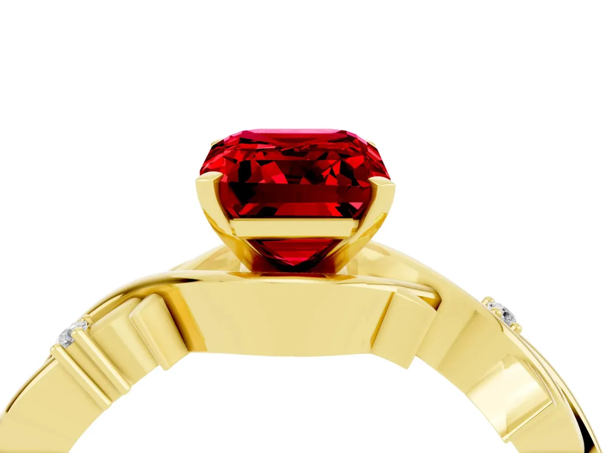 Emerald Cut Ruby Solitaire Ring with Twisted Band and Prong Setting Yellow gold