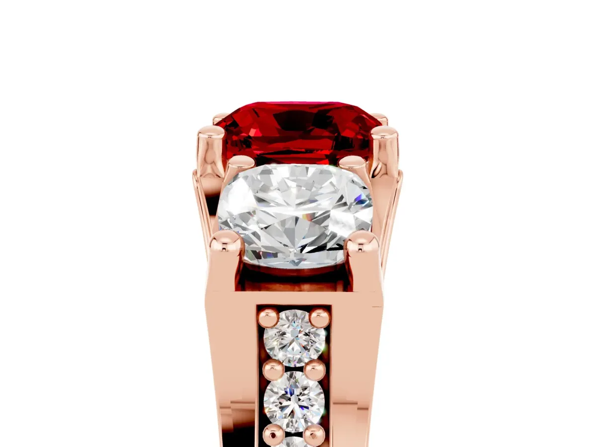 Cushion Cut Ruby Three-Stone Ring with Channel Set Band and Four-Prong Setting Rose gold