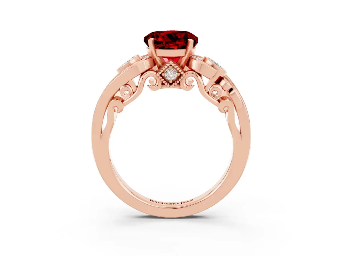 Round Cut Ruby Solitaire Ring with Milgrain Pavé Band and Four-Prong Setting Rose gold