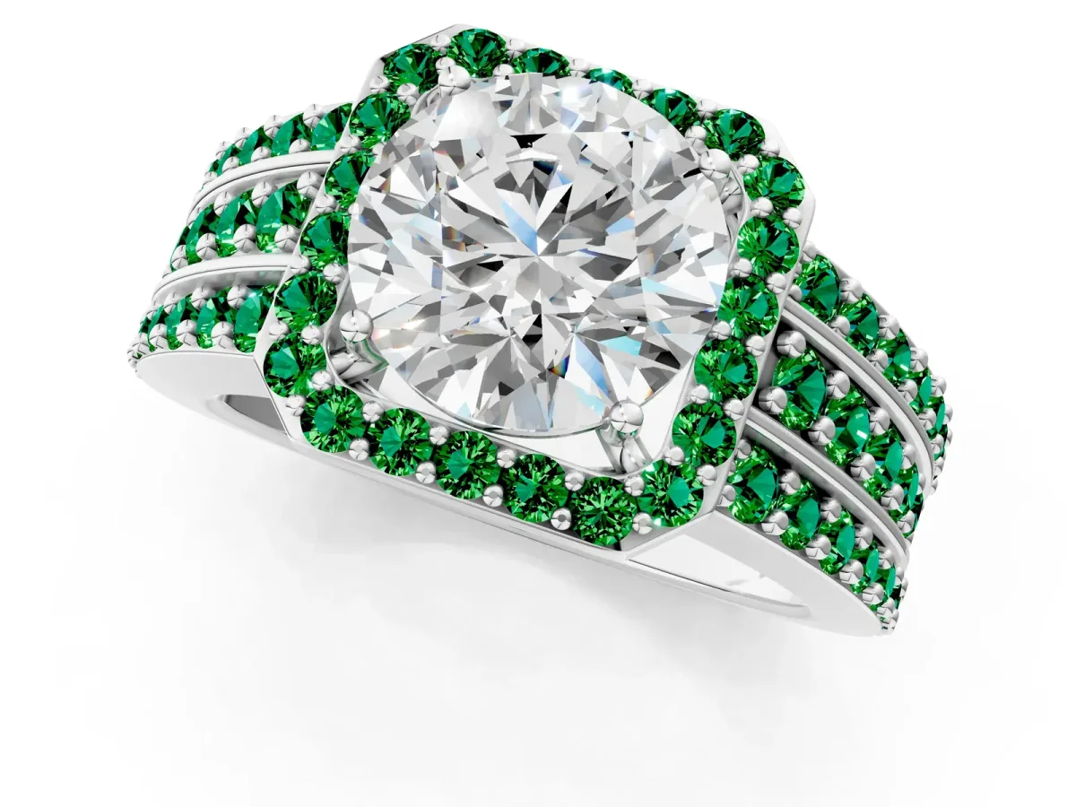 Round Cut Halo Diamond Ring with Round Emerald Split Shank and Prong Setting White gold