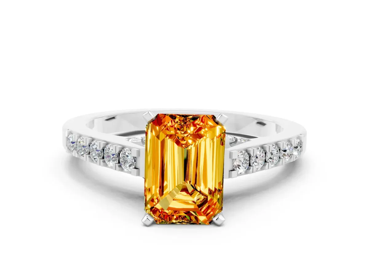 Emerald Cut Citrine Solitaire Ring with Crossover Gallery and Round Pavé Band Silver