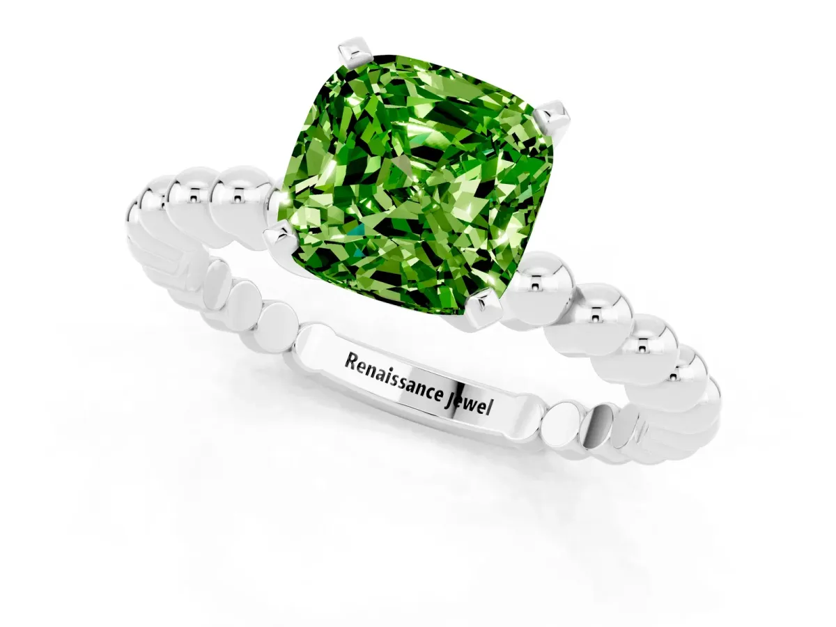 Cushion Cut Peridot Solitaire Ring with Beaded Band and Prong Setting Silver