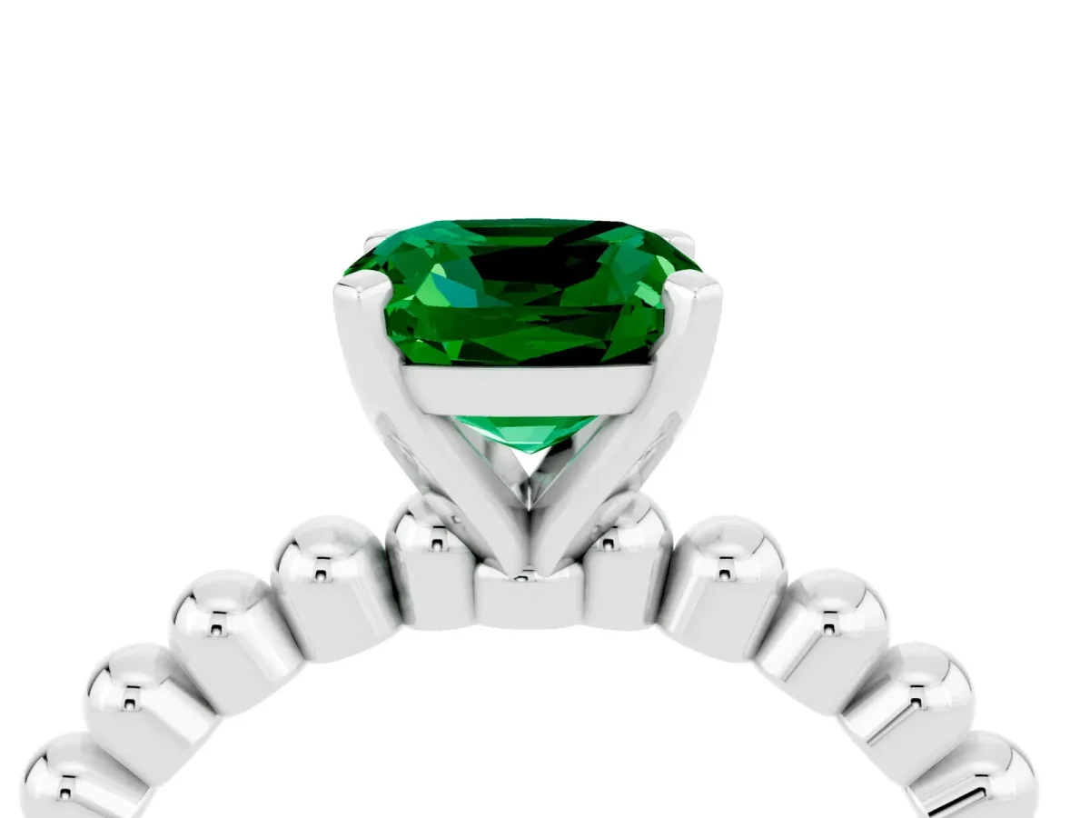 Cushion Cut Emerald Solitaire Ring with Beaded Band and Prong Setting Platinum
