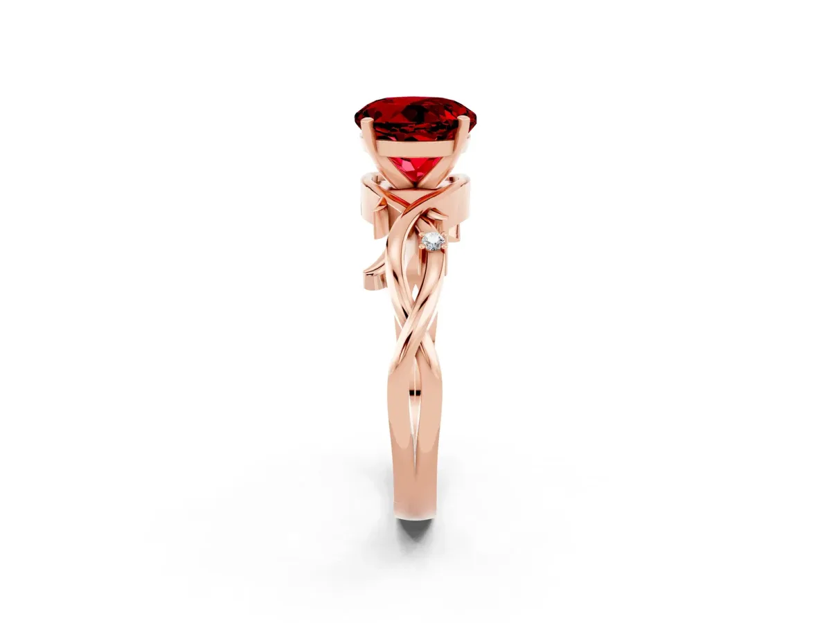 Round Cut Ruby Solitaire Ring with Twisted Band and Prong Setting Rose gold