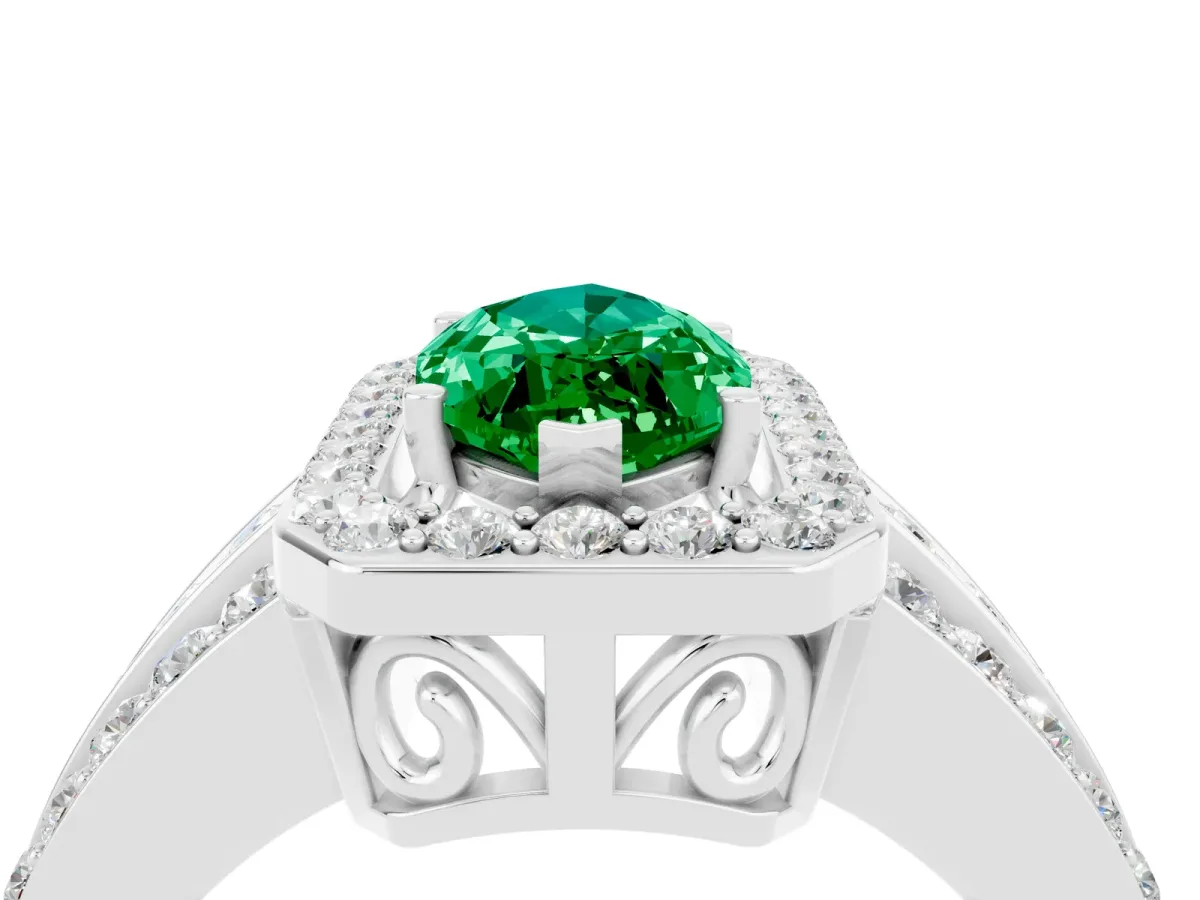 Marquise Cut Halo Emerald Ring with Round Split Shank and Prong Setting Platinum
