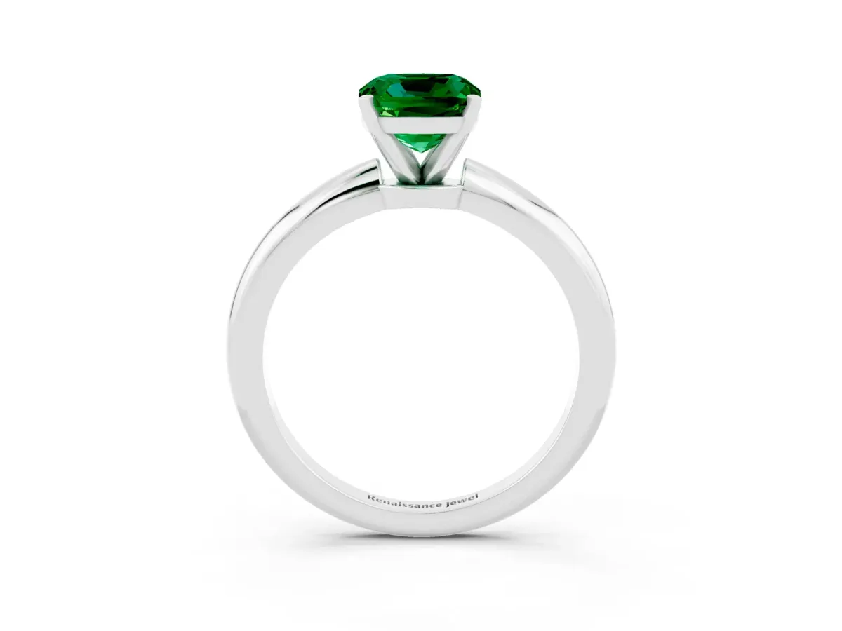 Cushion Cut Emerald Solitaire Ring with Six-Prong Setting and Classic Band Silver