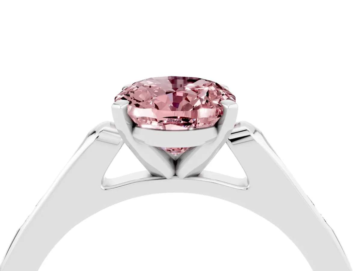 Oval Cut Morganite Solitaire Ring with Channel Set Round Band and Prong Setting Silver
