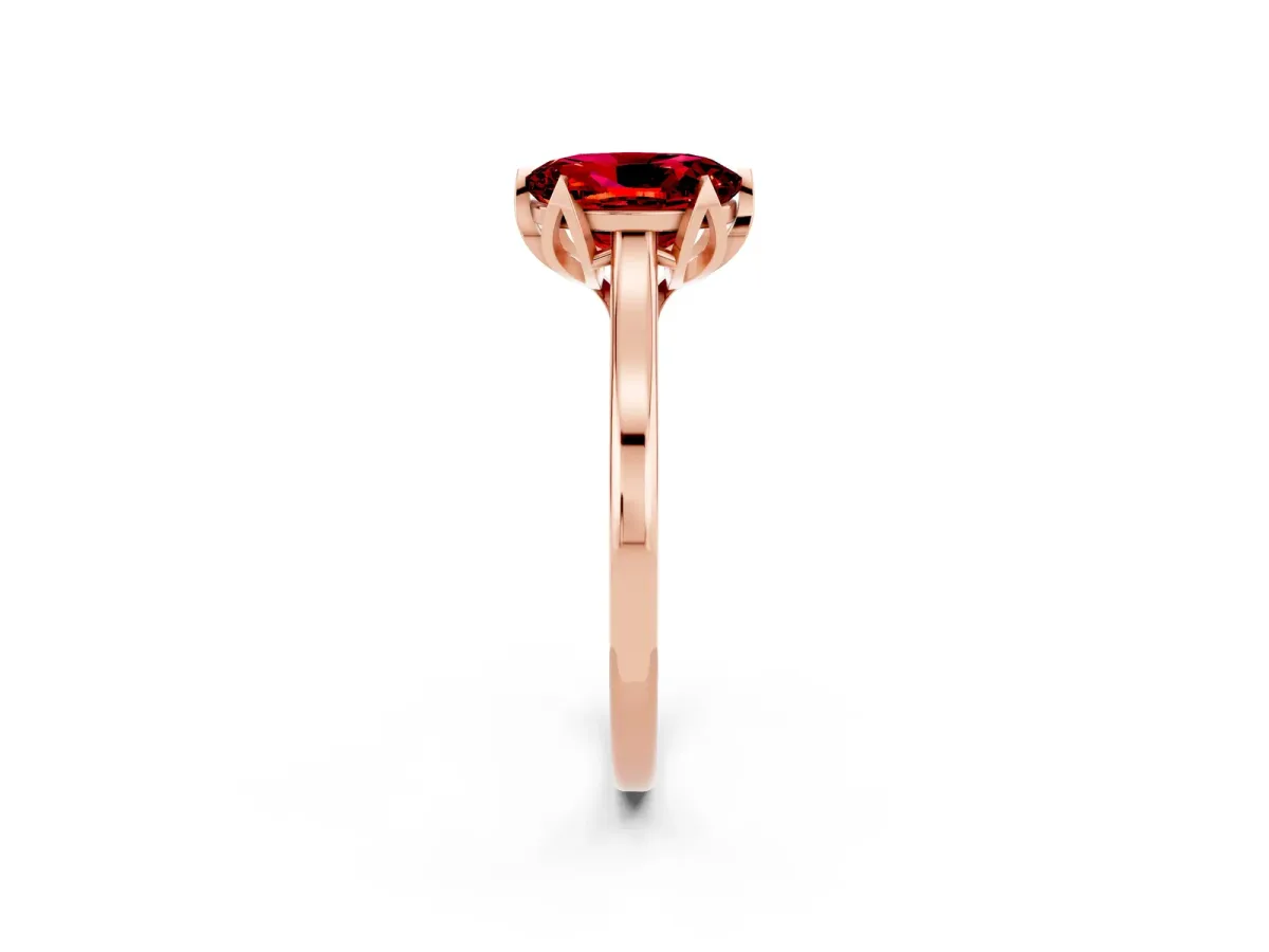 Oval Cut Ruby Solitaire Ring with Flower Prong Setting and Classic Band Rose gold