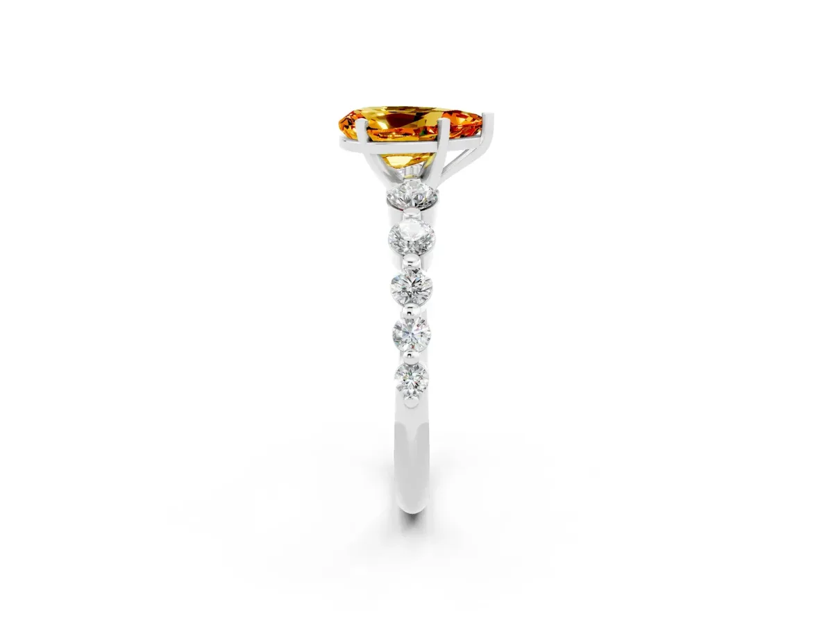 Pear Cut Solitaire Citrine Ring with Pave Band and Four-Prong Setting Platinum