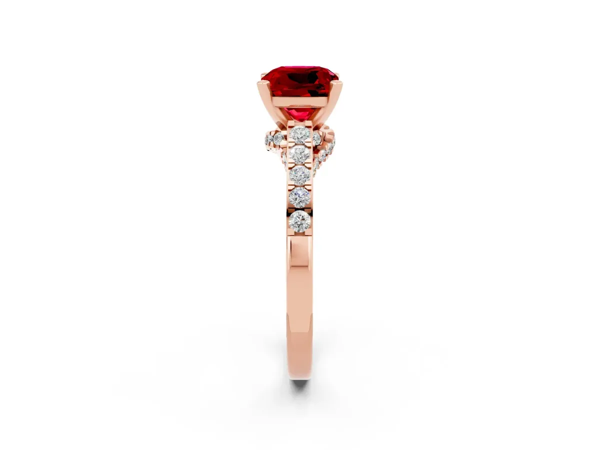 Cushion Cut Ruby Solitaire Ring with Crossover Gallery and Round Pavé Band Rose gold