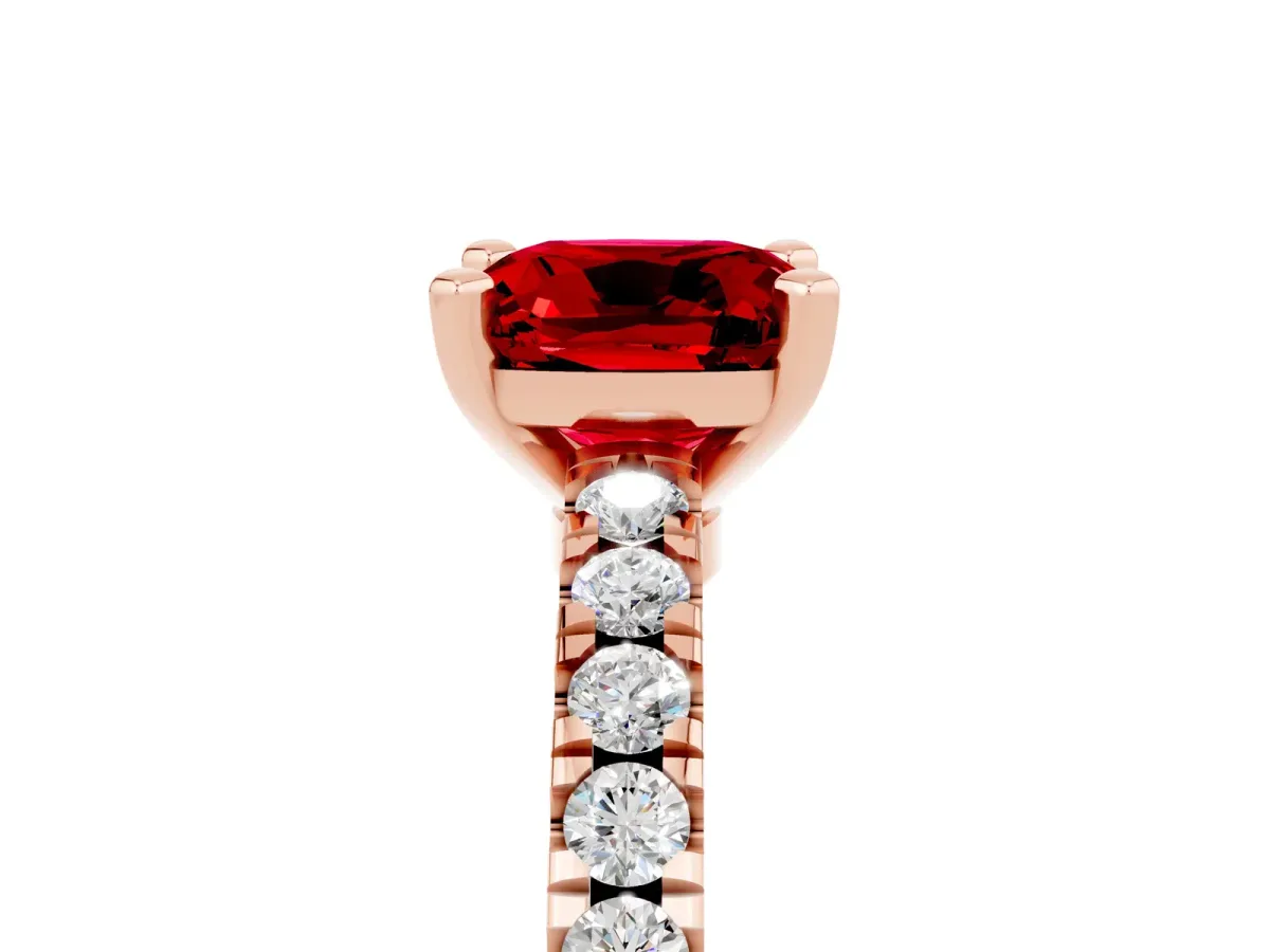 Cushion Cut Solitaire Ruby with Pavé Band and Four-Prong Setting Rose gold