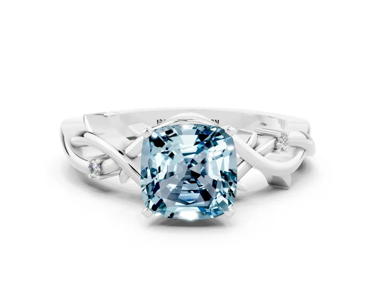 Cushion Cut Aquamarine Solitaire Ring with Twisted Band and Prong Setting Silver