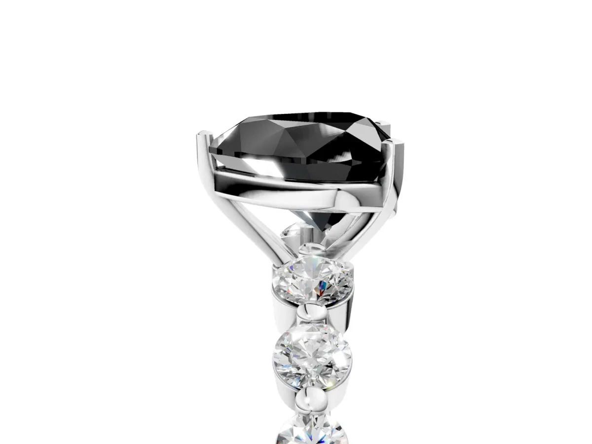 Fancy Black Heart Cut Solitaire Diamond Ring with Pave Band and Four-Prong Setting Silver