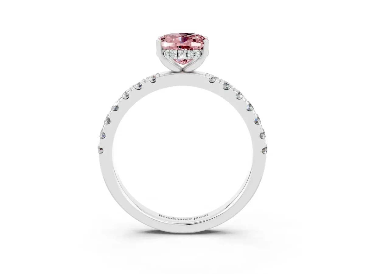 Oval Cut Morganite Pave Band Solitaire Ring with Round and Prong Setting Platinum