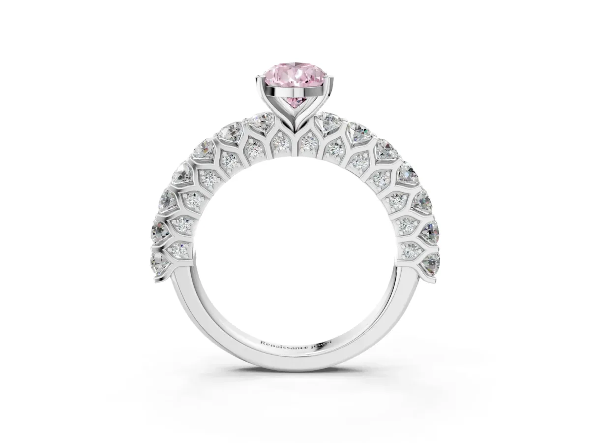 Fancy Pink Pear Cut Diamond Solitaire Ring with Shared Prong Pavé Band and Four-Prong Setting Silver
