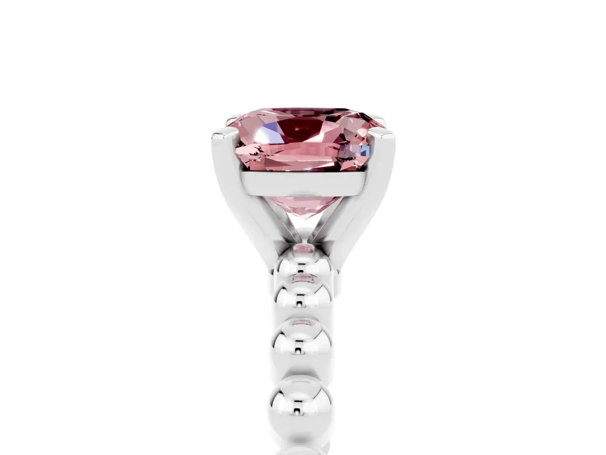 Cushion Cut Morganite Solitaire Ring with Beaded Band and Prong Setting Silver