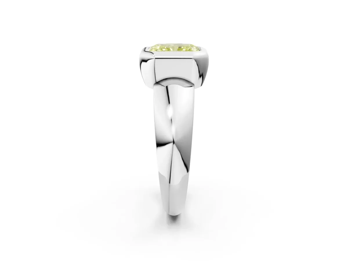 Fancy Yellow Bezel Set Radiant Cut Solitaire Ring with Wide Band Platinum