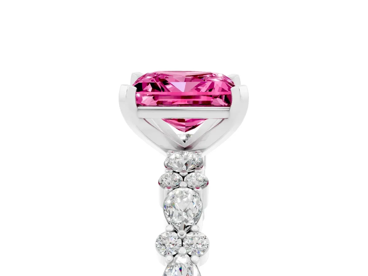 Princess Cut Pink Sapphire Side Stone Solitaire Ring with Round and Four-Prong Setting Silver