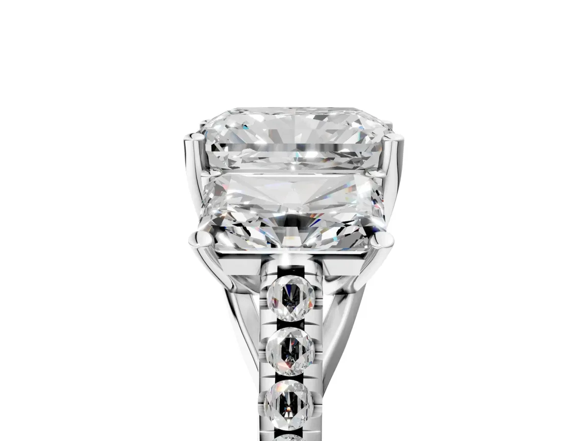 Three-Stone Radiant Cut Diamond Ring with Round Pavé Band and Prong Setting Silver