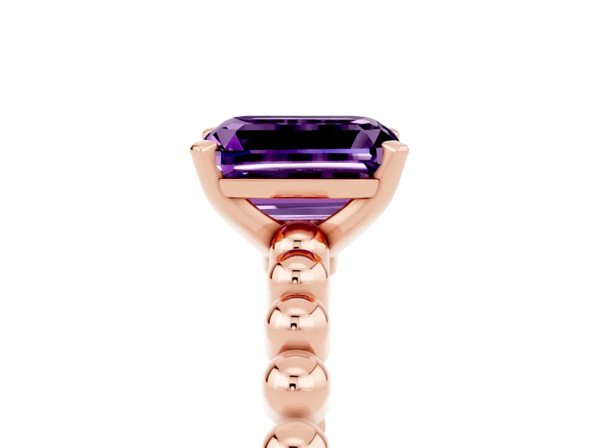 Emerald Cut Amethyst Solitaire Ring with Beaded Band and Prong Setting Rose gold