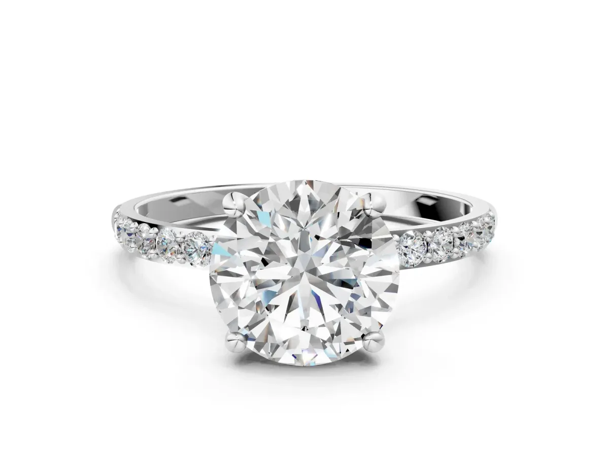 Round Cut Diamond Solitaire Ring with Round Pavé Band and Prong Setting Platinum