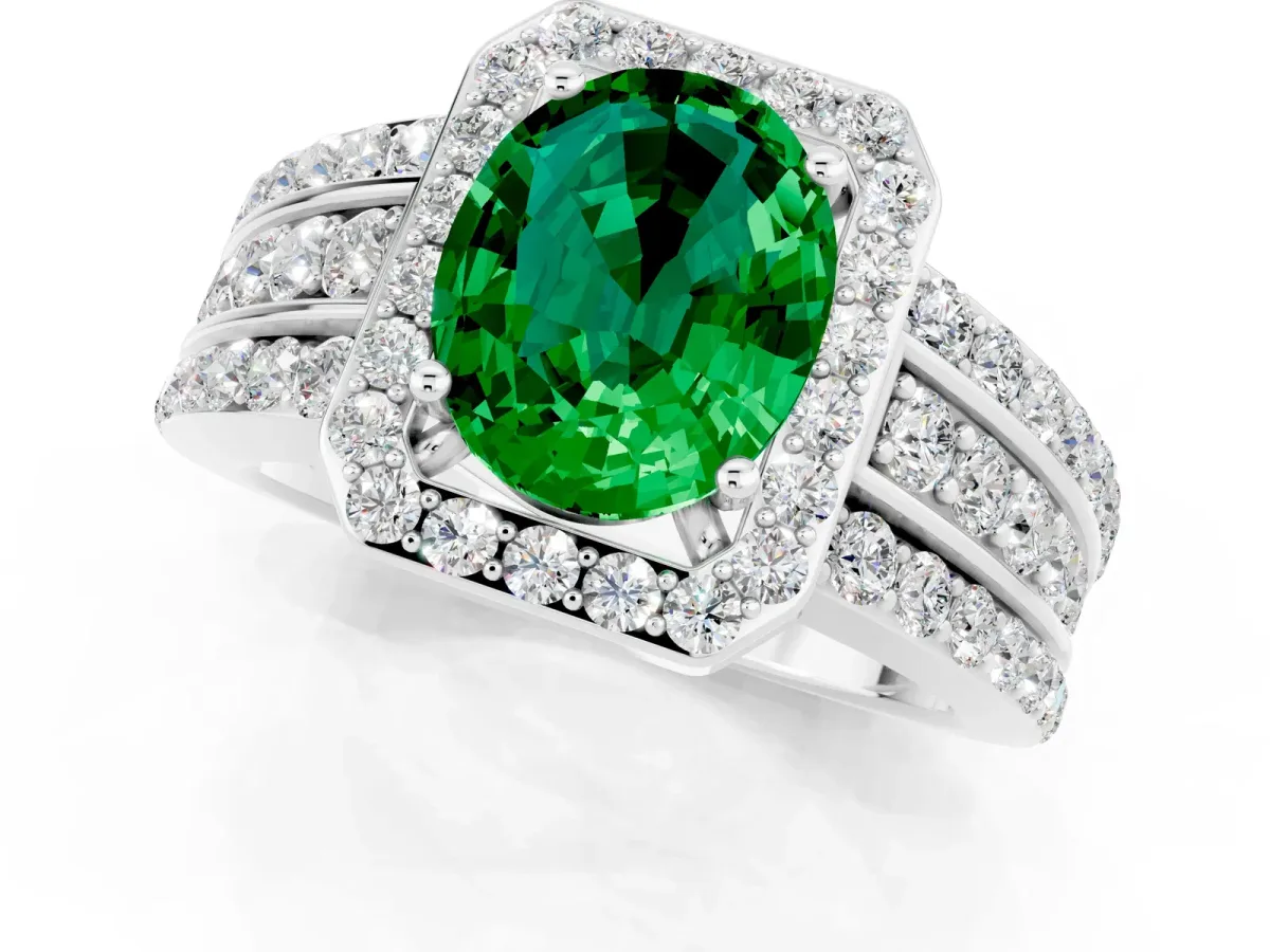 Oval Cut Halo Emerald Ring with Round Split Shank and Prong Setting Silver