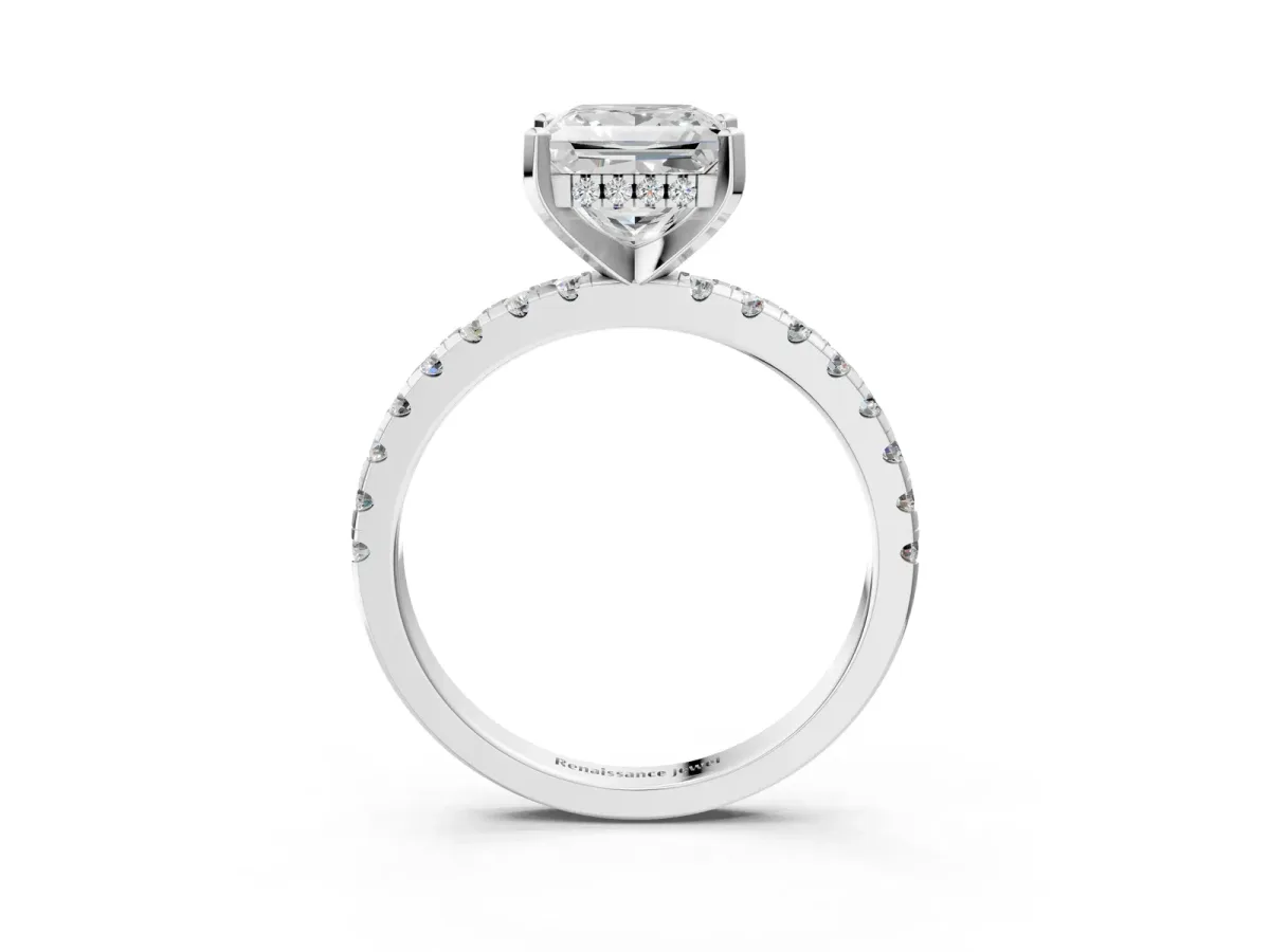 Princess Cut Diamond Solitaire Ring with Round Pavé Band and Four-Prong Setting Silver