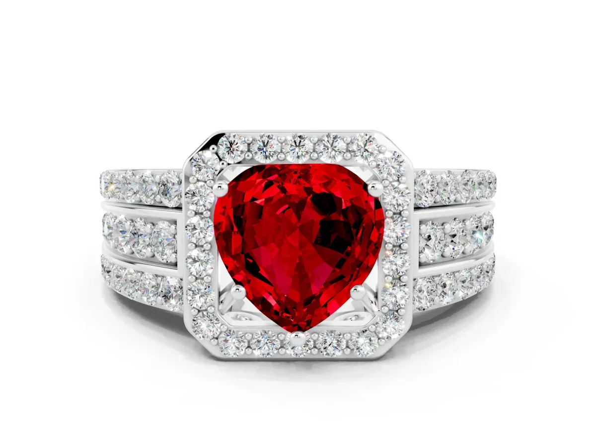 Heart Cut Halo Ruby Ring with Round Split Shank and Prong Setting Silver