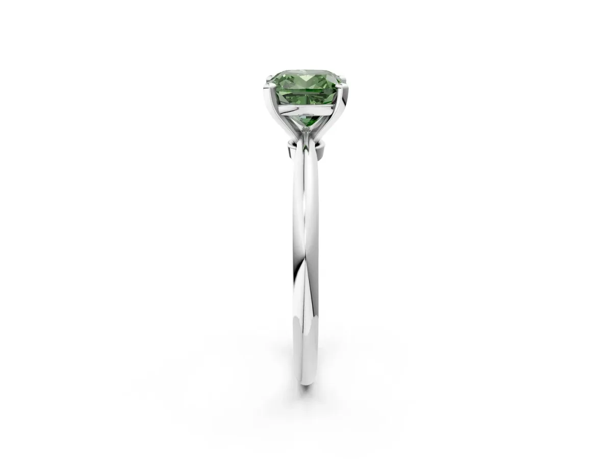 Fancy Green Cushion Cut Diamond Solitaire Ring with Six-Prong Setting and Classic Band Silver