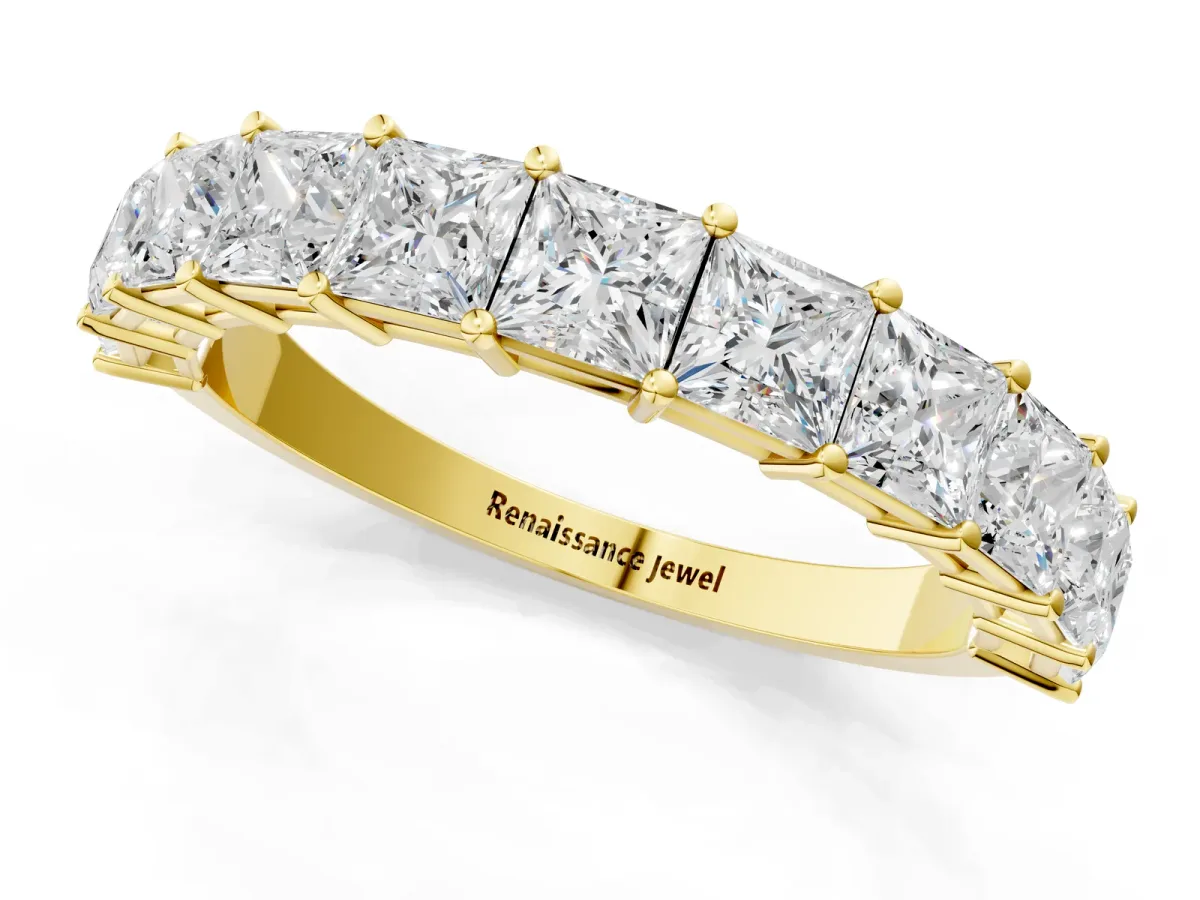 Princess Cut Half Eternity Band with Shared Prong Setting Yellow gold