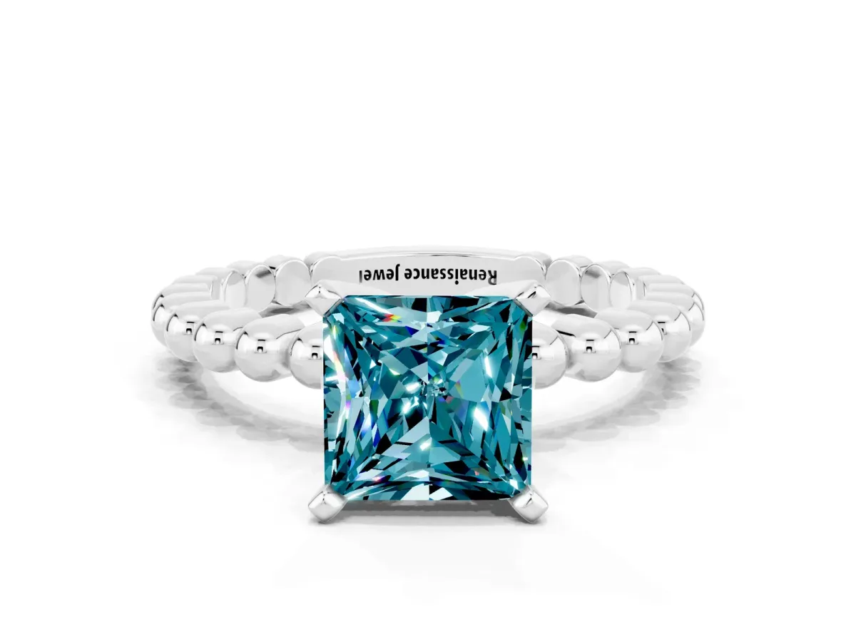 Princess Cut Blue Topaz Solitaire Ring with Beaded Band and Prong Setting Silver