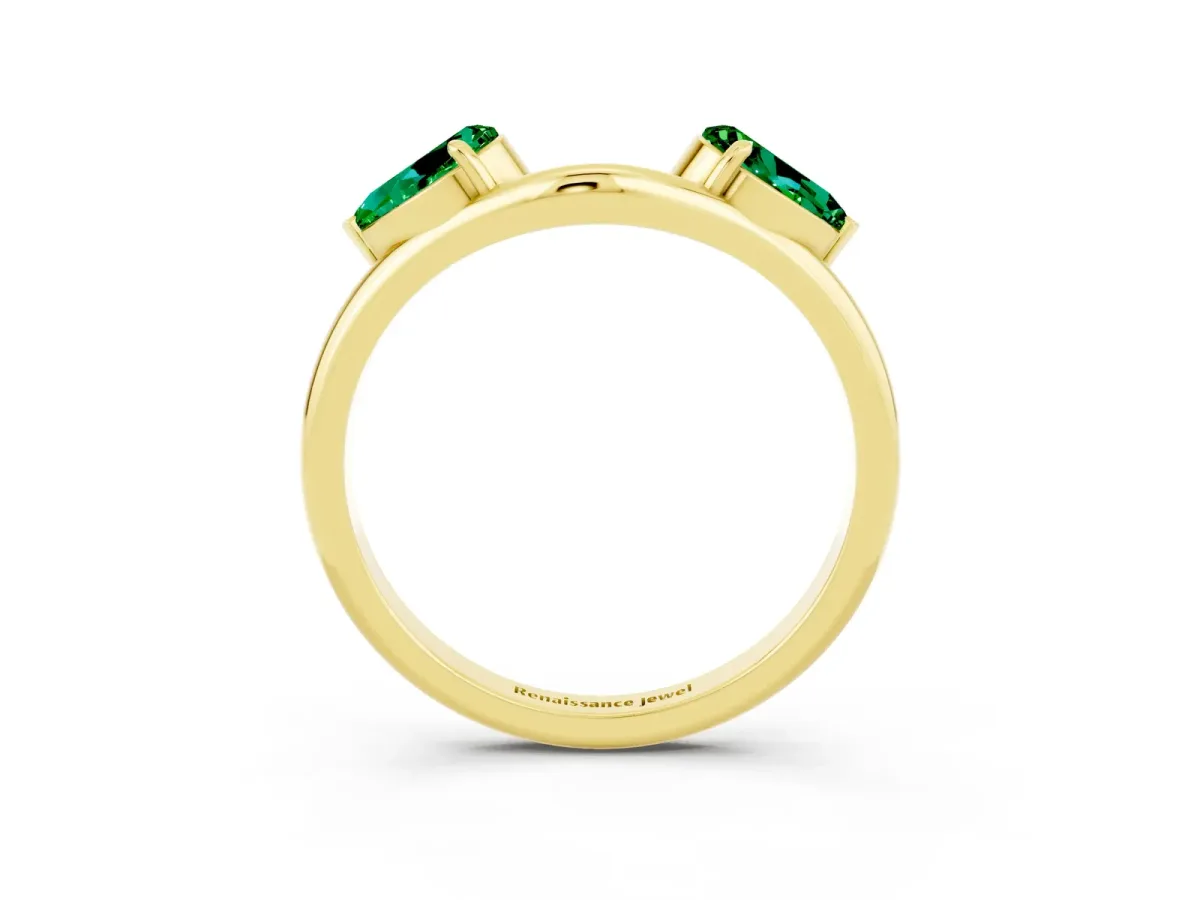 Two-Stone Pear Emerald Bypass Ring with Prong Setting Yellow gold