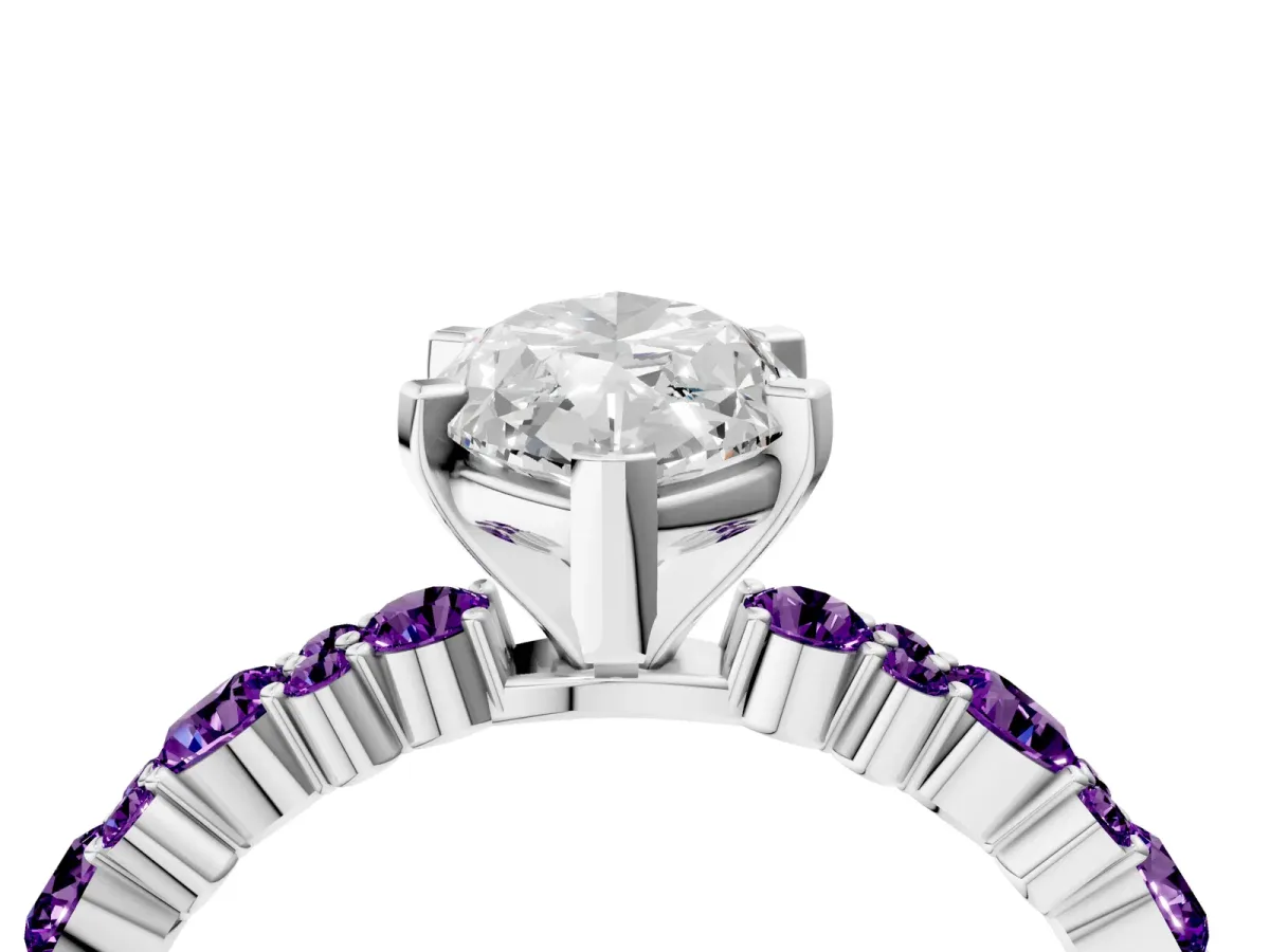 Marquise Cut Diamond Side Stone Solitaire Ring with Round Amethyst and Four-Prong Setting Platinum