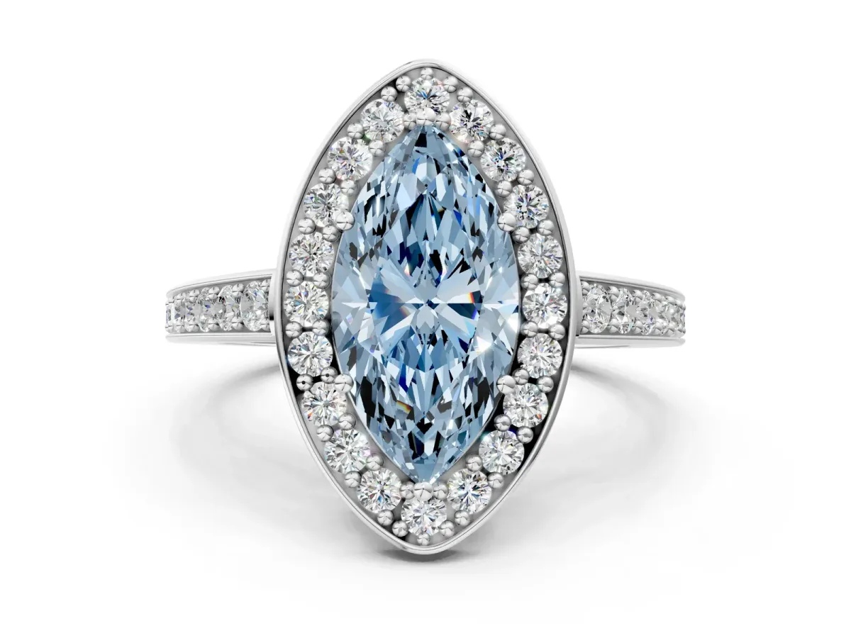 Fancy Blue Marquise Cut Halo Pavé Diamond Engagement Ring with Bezel Setting Silver