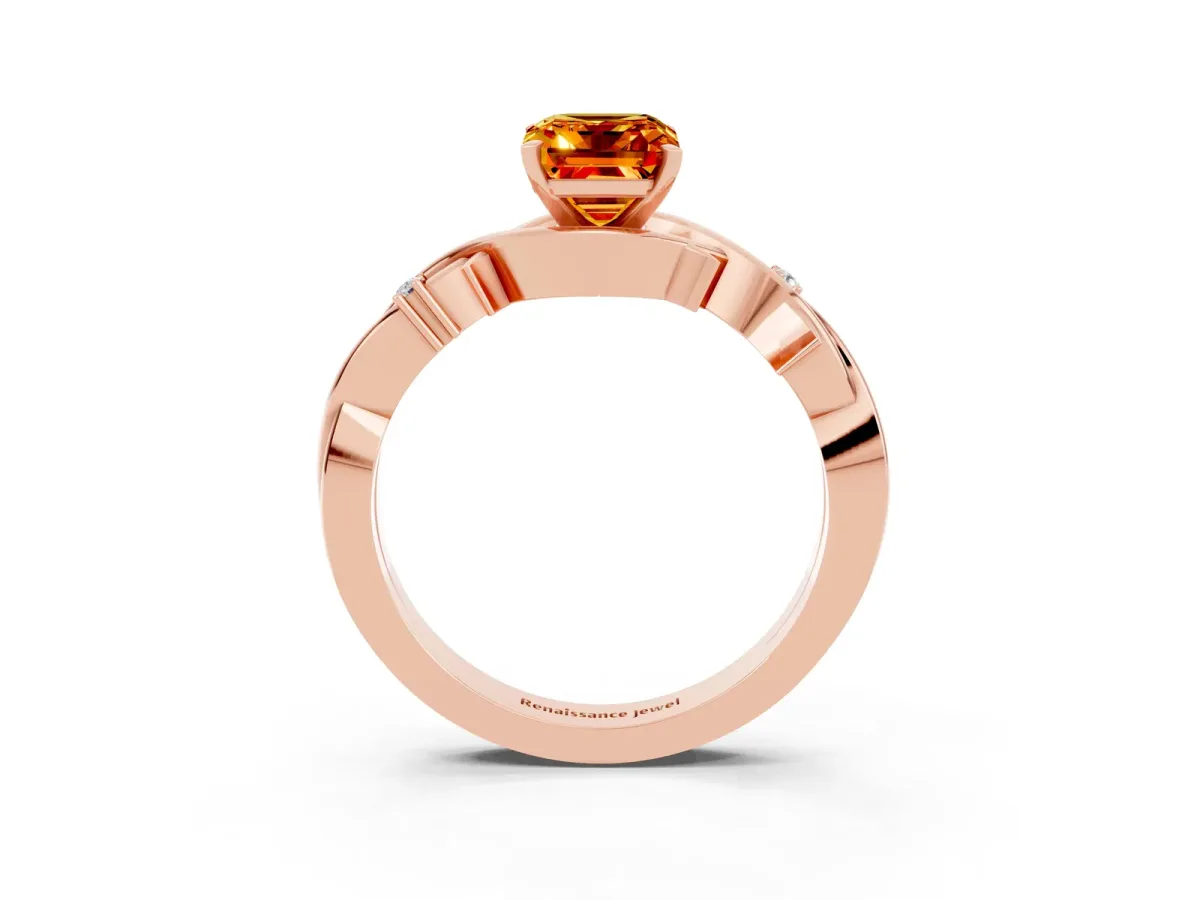 Emerald Cut Citrine Solitaire Ring with Twisted Band and Prong Setting Rose gold