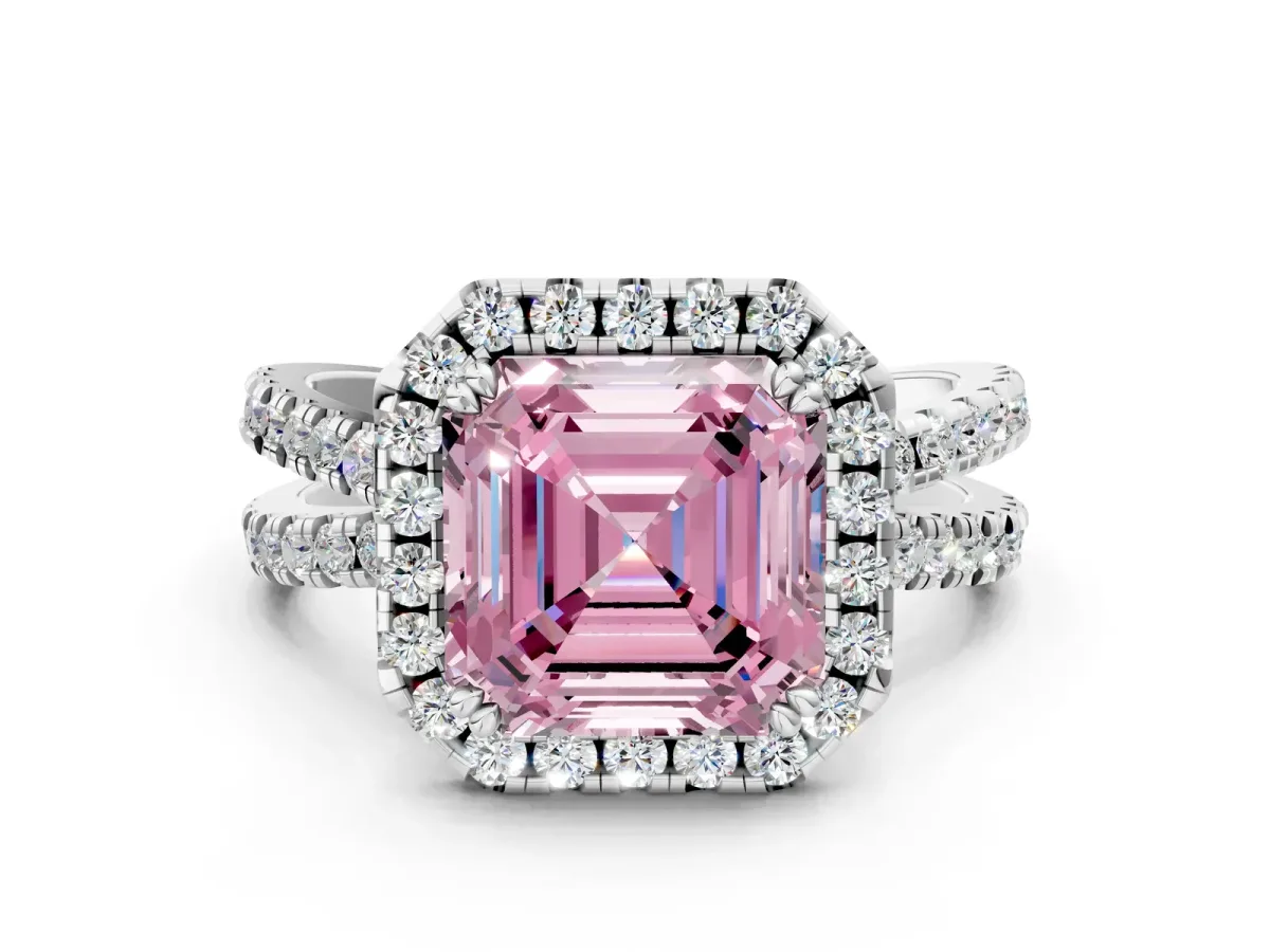 Fancy Pink Asscher Cut Halo Split Shank Diamond Ring with Pavé Setting Platinum