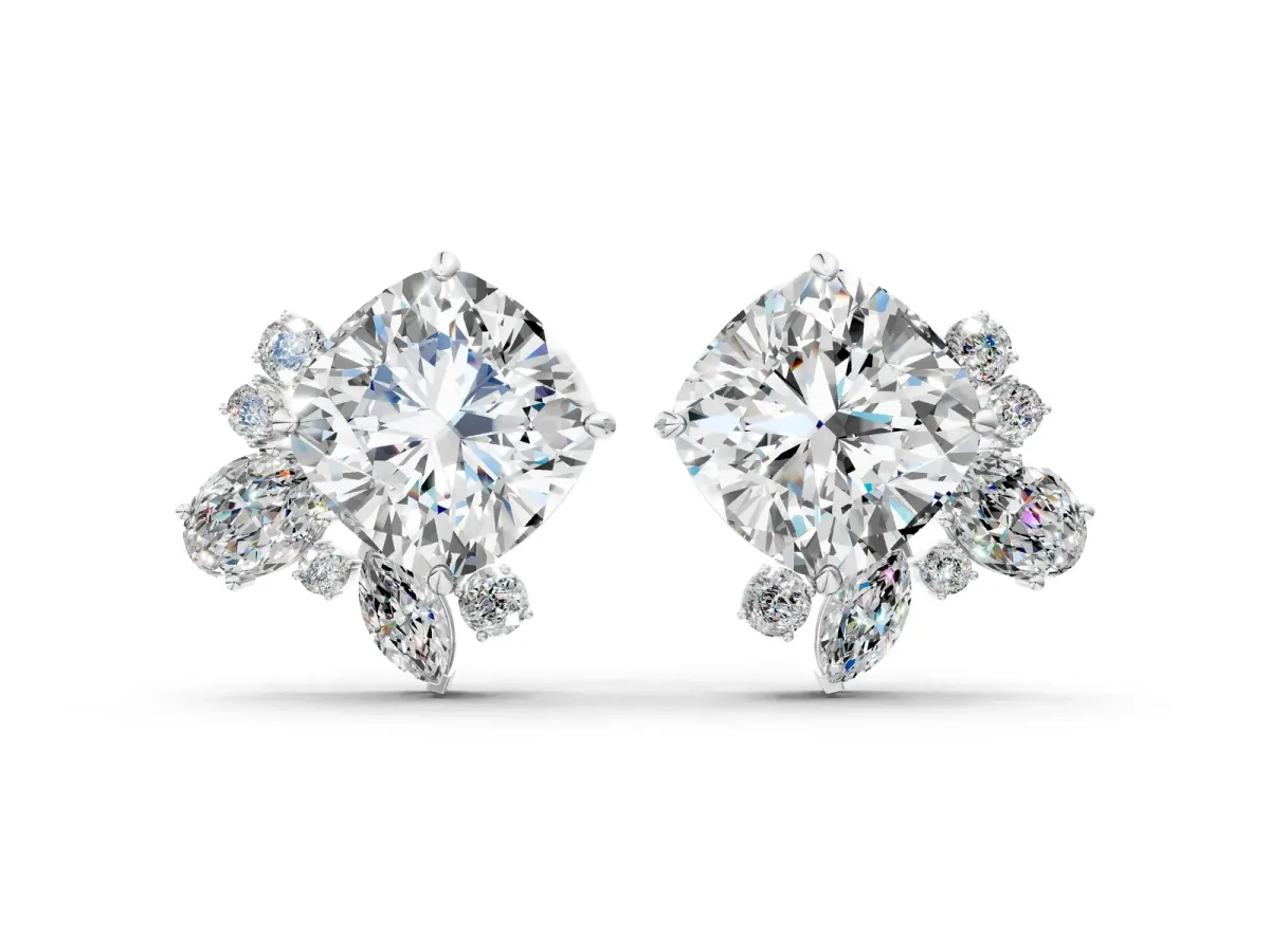 Cushion Cut Diamond Floral Stud Earrings with Multi-Shape Accents Silver