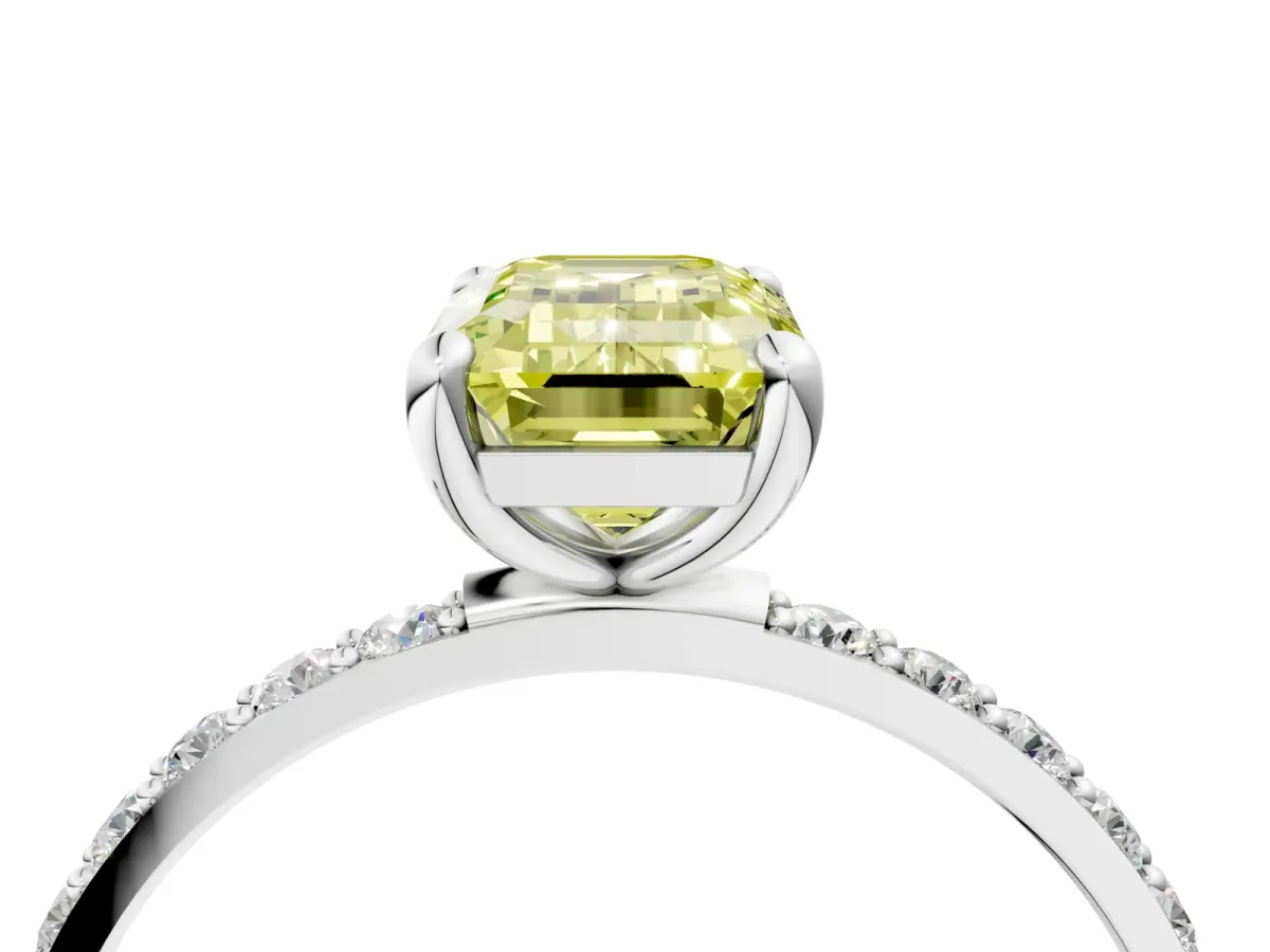 Fancy Yellow Emerald Cut Diamond Solitaire Ring with Round Pavé Band and Prong Setting Silver