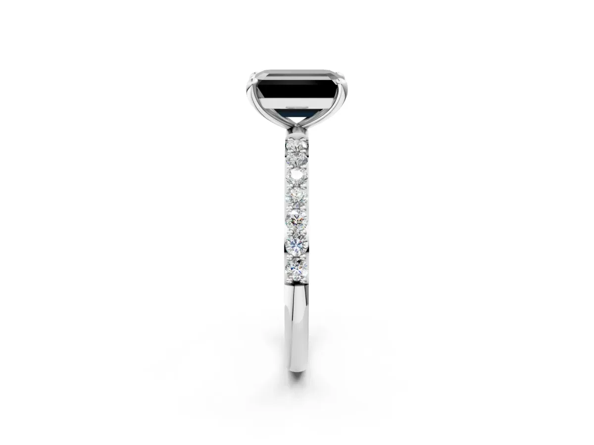Fancy Black Emerald Cut Diamond Solitaire Ring with Round Pavé Band and Prong Setting Silver
