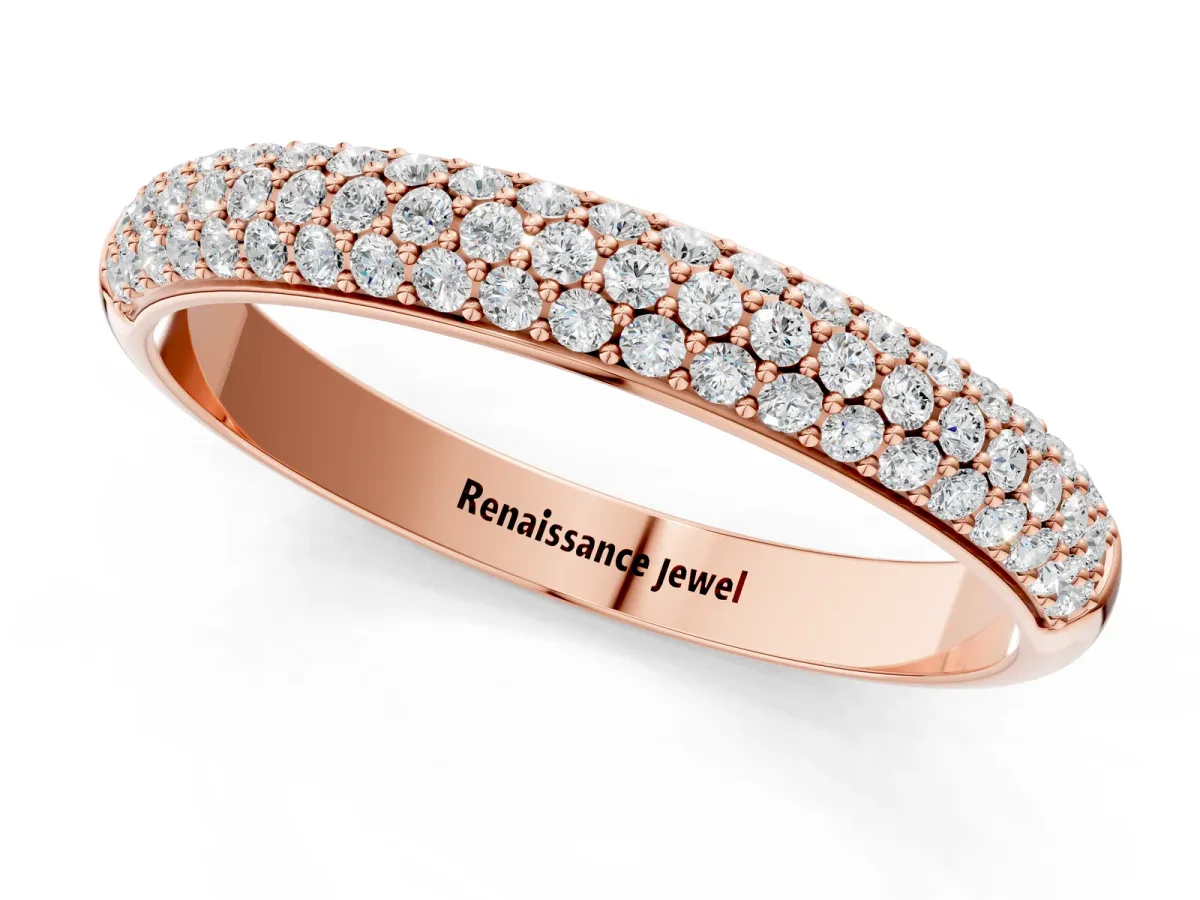 Three-Row Pave Round Diamond Eternity Band with Shared Prong Setting Rose gold