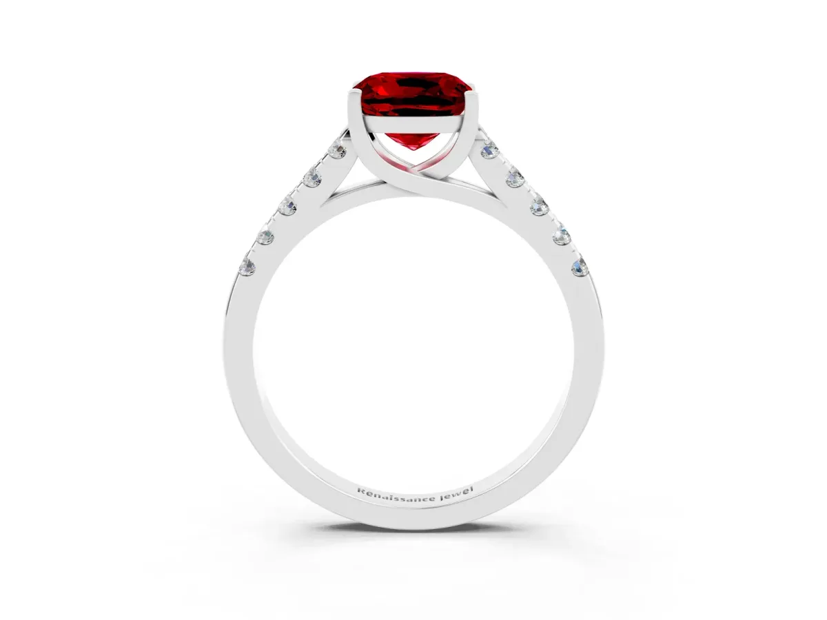 Cushion Cut Ruby Pavé Band Solitaire Ring with Prong Setting Platinum