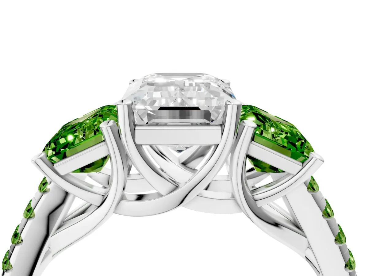 Three-Stone Emerald Cut Diamond Ring with Round Peridot Pavé Band and Prong Setting Platinum
