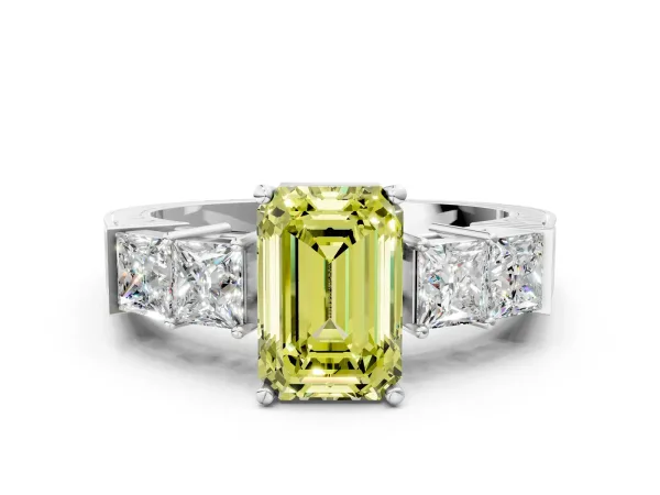 Fancy Yellow Emerald Cut Solitaire Princess Side Stone Engraved Band Prong Setting Ring Platinum