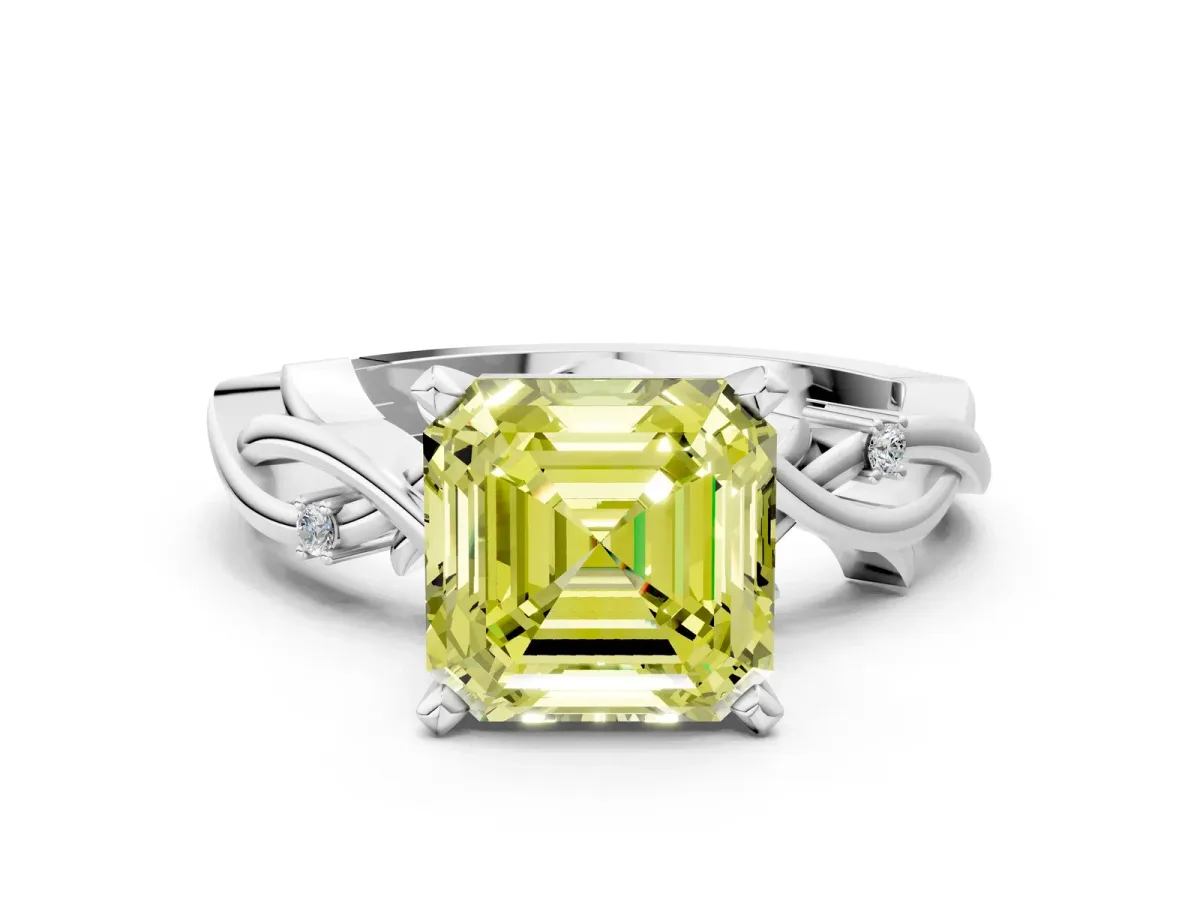 Fancy Yellow Asscher Cut Diamond Solitaire Ring with Twisted Band and Prong Setting Silver