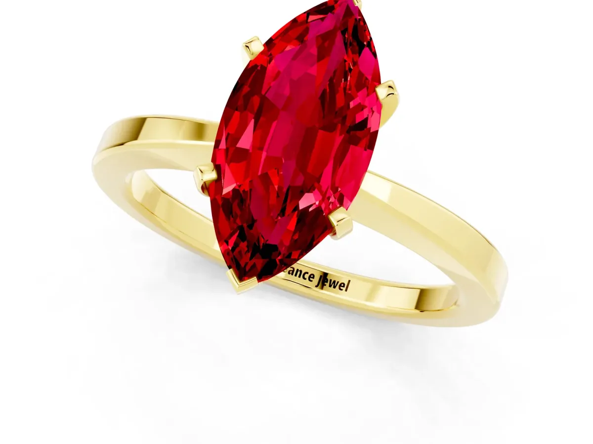 Marquise Cut Ruby Solitaire Engagement Ring with Classic Band and Four-Prong Setting Yellow gold