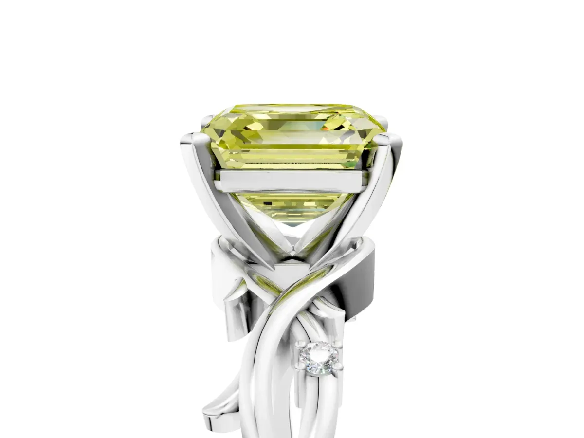 Fancy Yellow Asscher Cut Diamond Solitaire Ring with Twisted Band and Prong Setting Silver